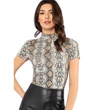 Load image into Gallery viewer, SHEIN Mock Neck Snake Print Casual Tee Women Stand Collar Short Sleeve Slim T-shirt 2018 Summer New Female Sexy Top Tee