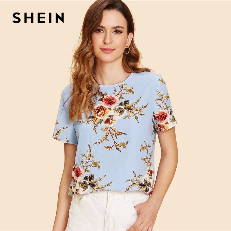 SHEIN Blue Elegant Round Neck Short Sleeve Floral Print Button