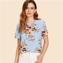 Load image into Gallery viewer, SHEIN Blue Elegant Round Neck Short Sleeve Floral Print Button Regular Fit Blouse Summer Women Weekend Casual Shirt Top