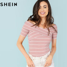 Load image into Gallery viewer, SHEIN Crisscross Front Striped Ribbed Tee Women Elegant Off the Shoulder Short Sleeve Top 2018 Summer Pink Striped T-shirt