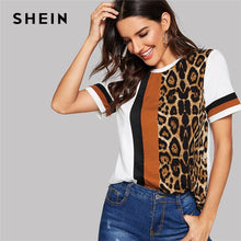 Load image into Gallery viewer, SHEIN White Color Block Cut-and-Sew Leopard Panel Top Short Sleeve O-Neck Casual T Shirt Women 2019 Summer Leisure Tshirt Tops