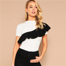 Load image into Gallery viewer, SHEIN White Flounce Trim Two Tone Tee Summer Party T Shirt Women Stand Collar Short Sleeve Slim Fit High Street Tshirt Tops