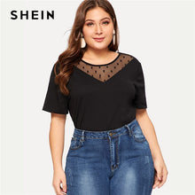 Load image into Gallery viewer, SHEIN Black Dot Sheer Mesh Insert Short Sleeve Top Tees Plus Size Women Summer Solid T Shirts