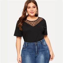 Load image into Gallery viewer, SHEIN Black Dot Sheer Mesh Insert Short Sleeve Top Tees Plus Size Women Summer Solid T Shirts